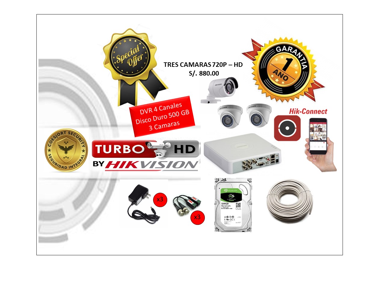 KIT DE 3 CÁMARAS hikvision 720P HD C/INSTALACIÓN
