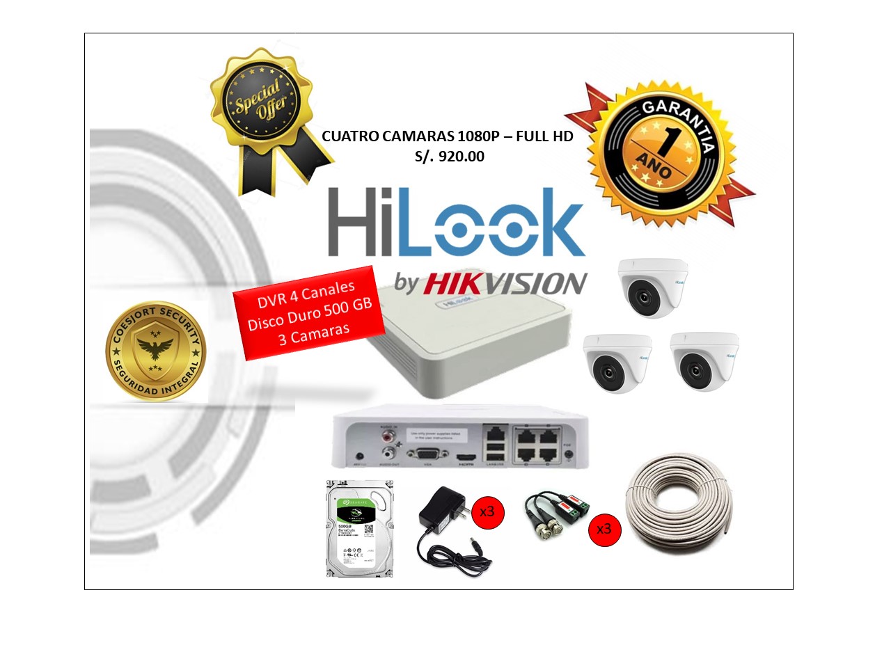 KIT DE 3 CÁMARAS Hilook by Hikvision 1080P FULL HD C/INSTALACIÓN
